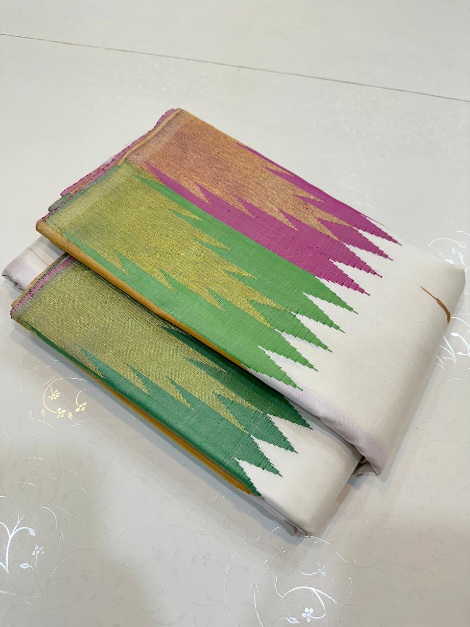 Off-White Kanchipuram Handloom Bridal Silk Saree -